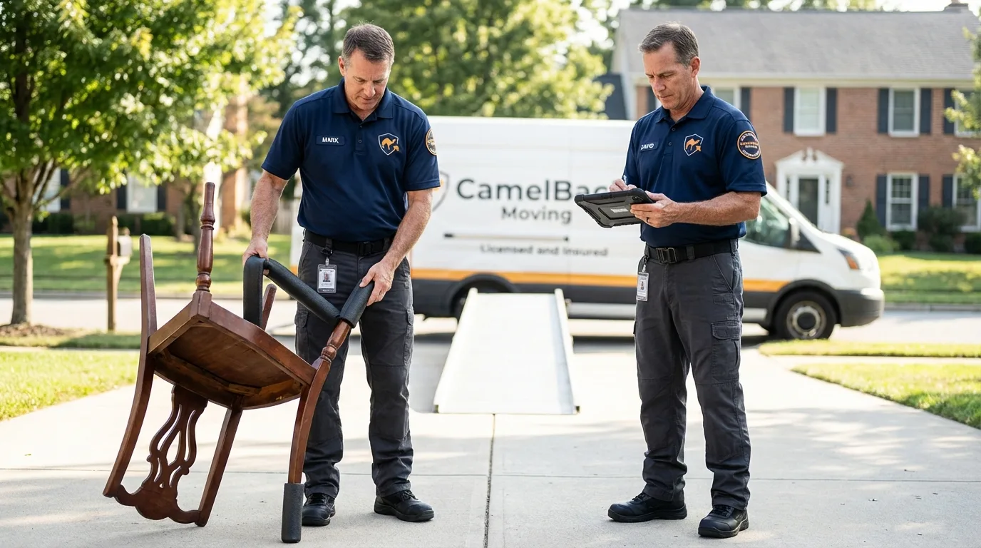 Movers inspecting furniture for damage prevention before loading in Eagle River, WI