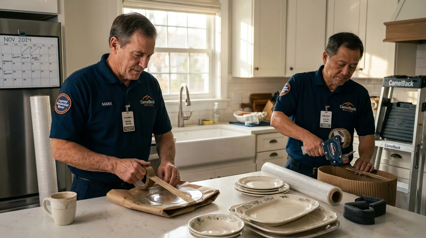 Professional crew packing kitchen dishware in Eagle River, WI